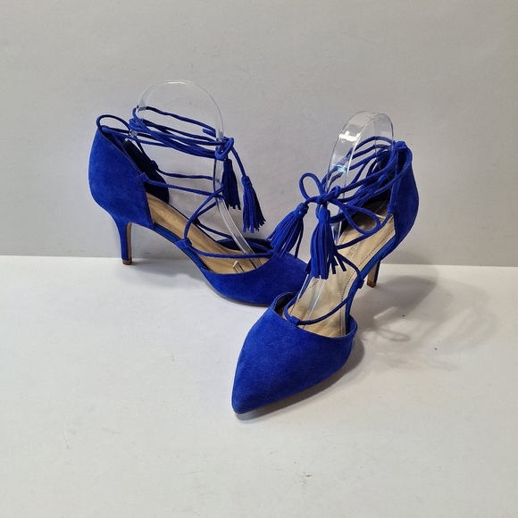 Marc Fisher NWOB Blue Preppy Retro Suede Pointed Toe Strappy Lace Up Heels Sz.8 - Picture 7 of 11